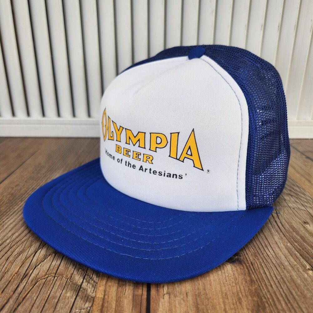 VTG 80s Olympia Beer Trucker Hat White Blue Home of the Artesians Foam Snapback